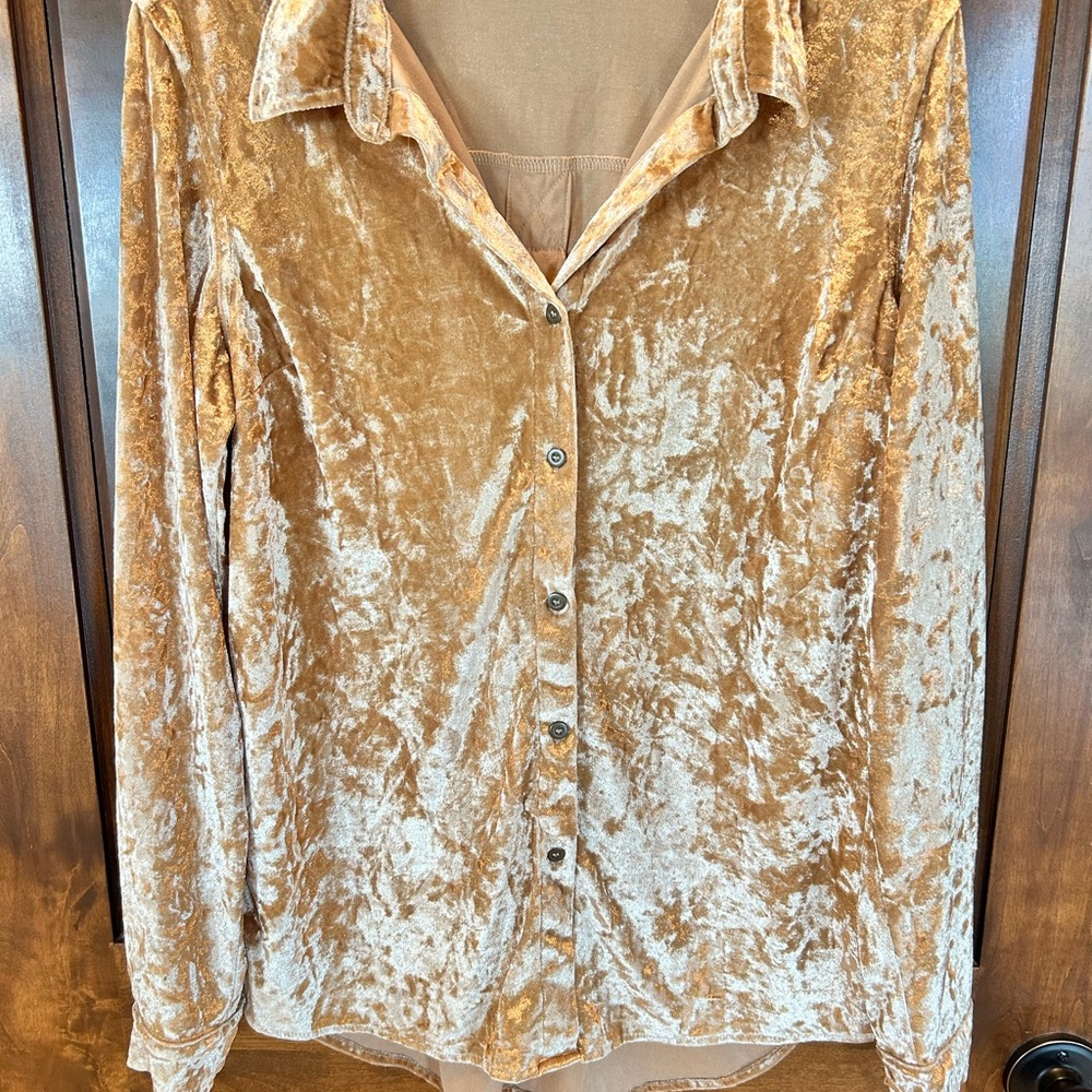 Crushed Velvet Button-Down Shirt - Gold/Tan